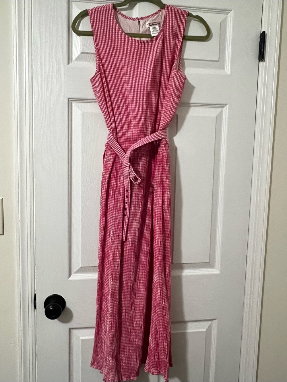 Talbots Pink White Gingham Seersucker Shirt Dress Midi Belted Button Size 8